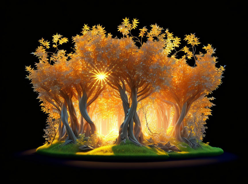 Magical grove illustration: Glowing trees and flowers on dark background