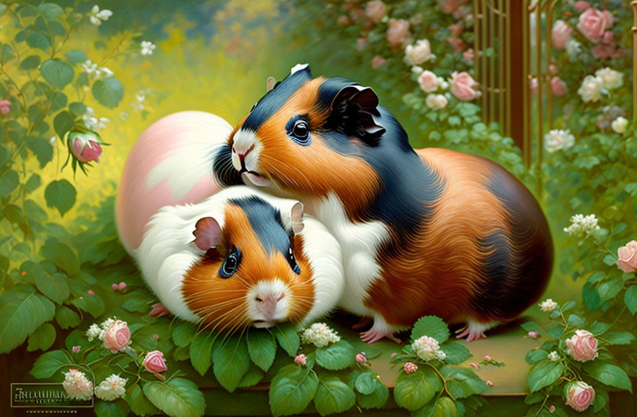 Guinea pigs with black, white, and brown fur in garden setting