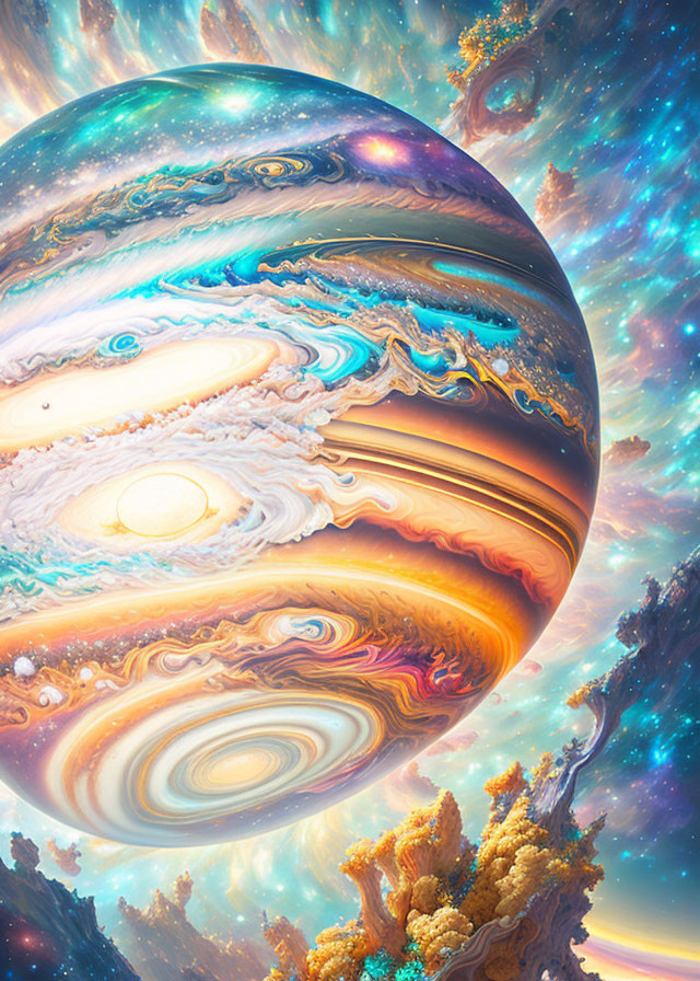 Colorful digital art: Jupiter in vivid hues against nebula-filled space