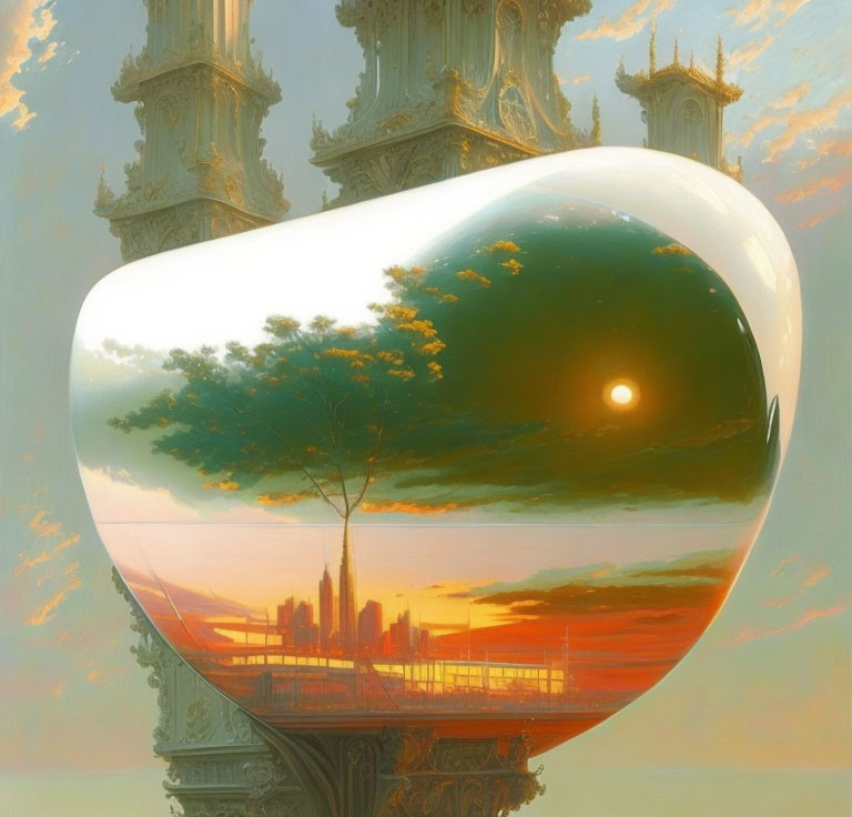 Surreal heart-shaped object with cityscape, tree, and sunset sky against ornate architecture