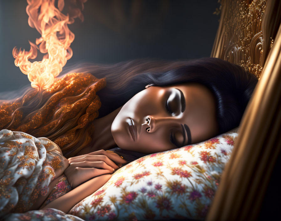 Dark-haired woman with nose ring resting near fiery phoenix on floral pillow against mystical background