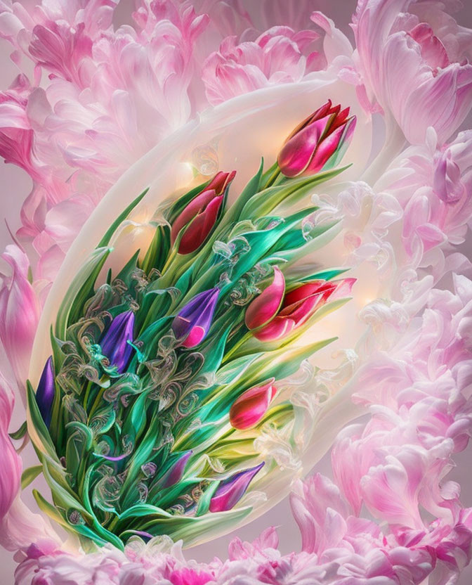 Vibrant tulips in oval luminous contour against pink backdrop