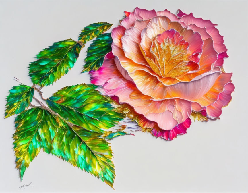 Colorful Layered Flower Artwork with Pink and Yellow Shades and Iridescent Green Leaves