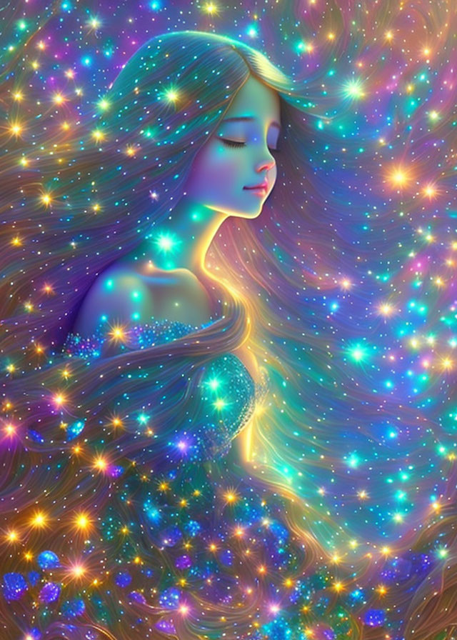 Long-haired woman blends into cosmic background with stars and nebulae