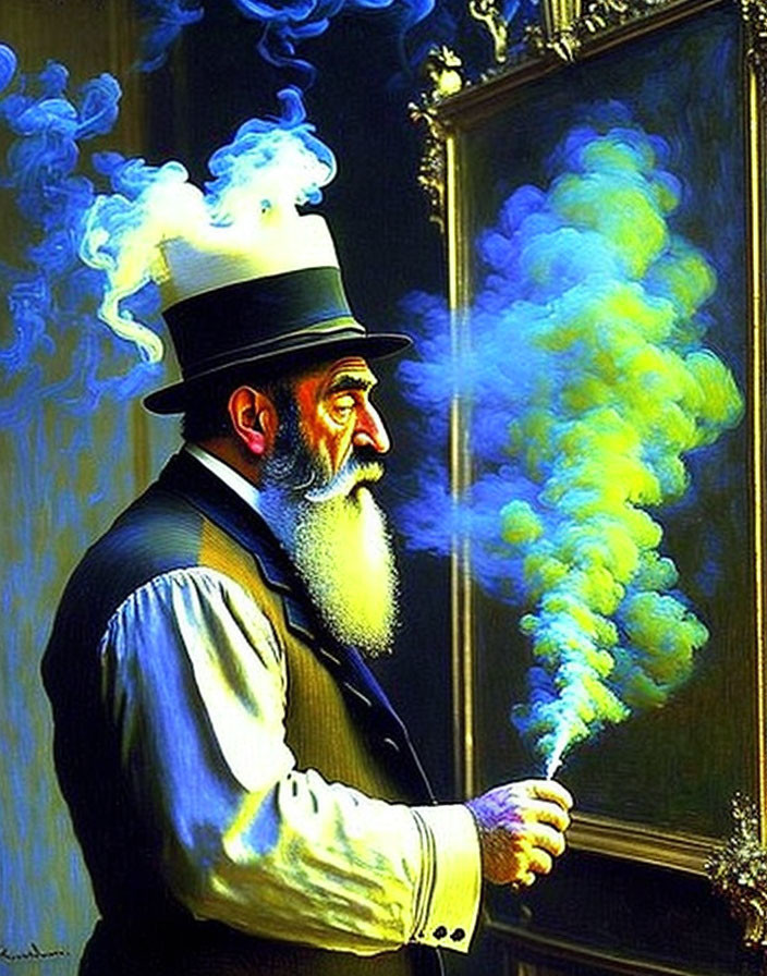 Elder Gentleman in Top Hat Exhales Blue Smoke on Dark Background