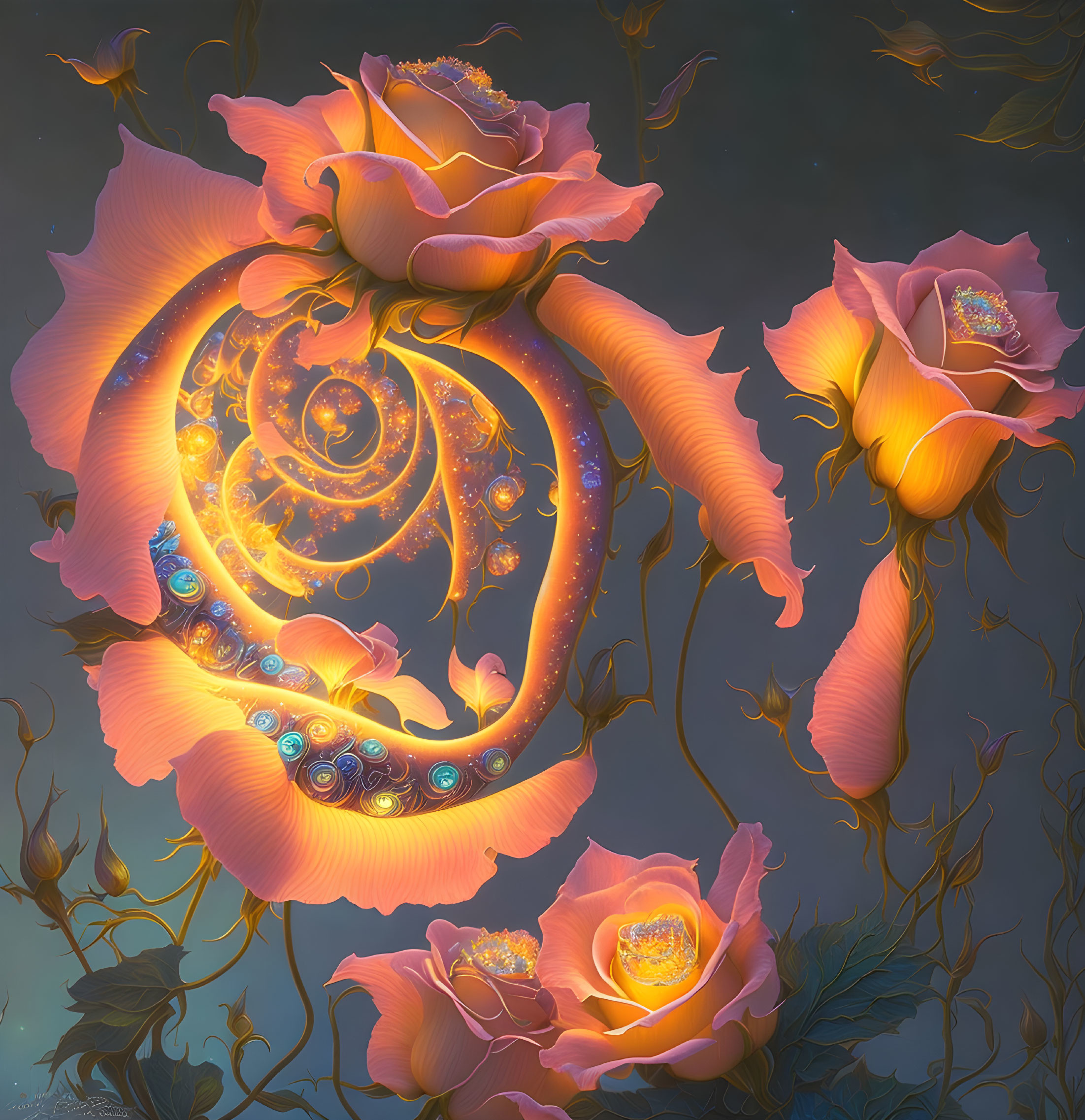 Glowing mystical roses with golden spirals and jewel-like details