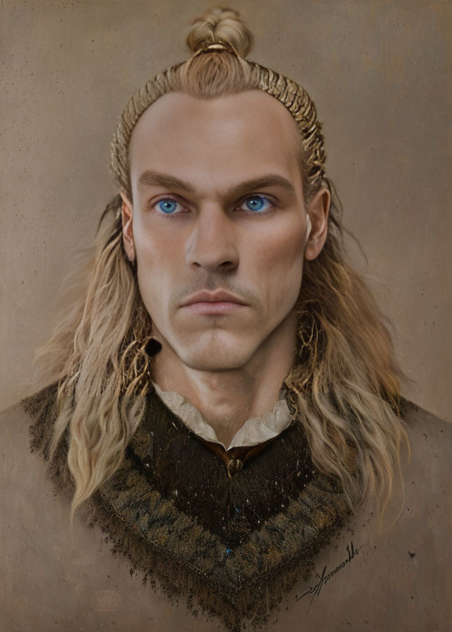 Man with Intense Blue Eyes and Blond Hair in Rustic Attire