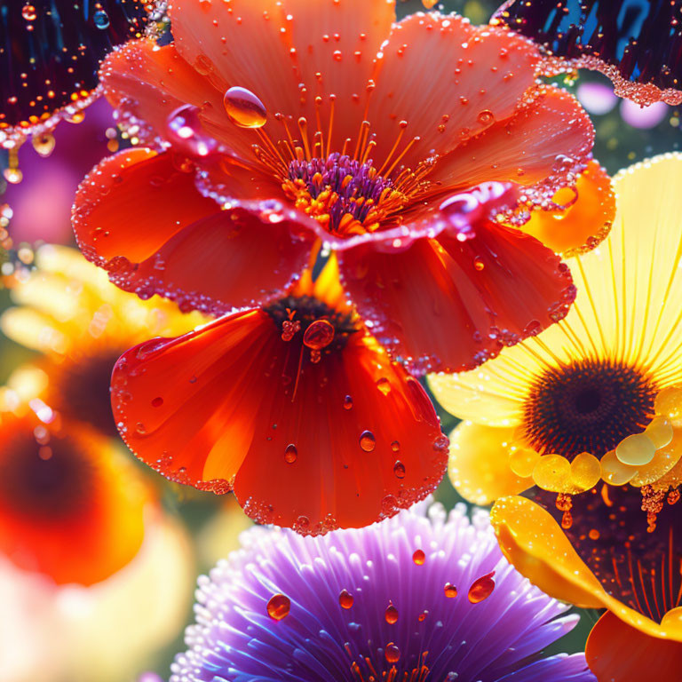 Close-up of vibrant flowers with water droplets, red bloom in focus