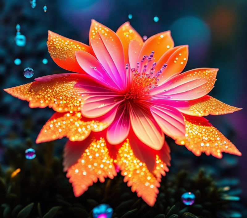 Colorful Flower with Dewdrops on Blue Background