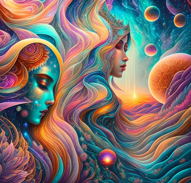 Colorful Artwork of Interwoven Female Figures and Cosmic Elements