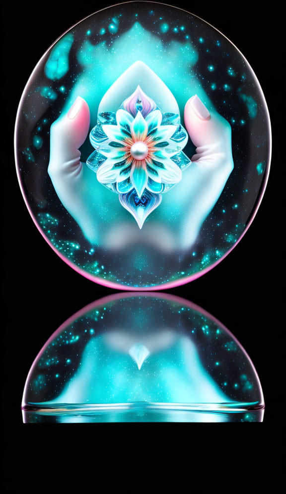 Digital illustration of glowing mandala cradled by hands