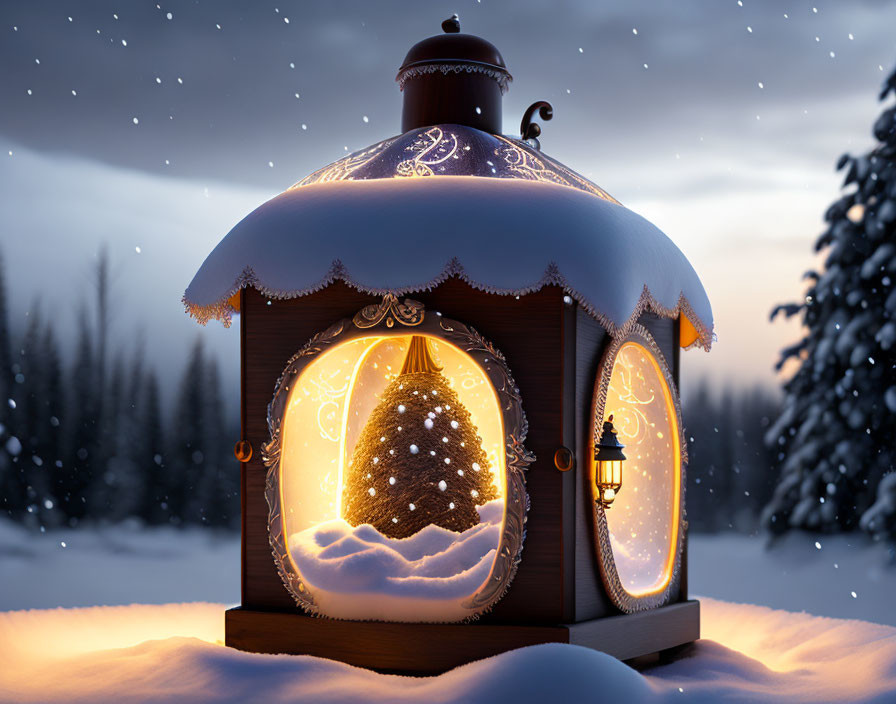 Decorative lantern with glowing Christmas tree in snowy winter forest.