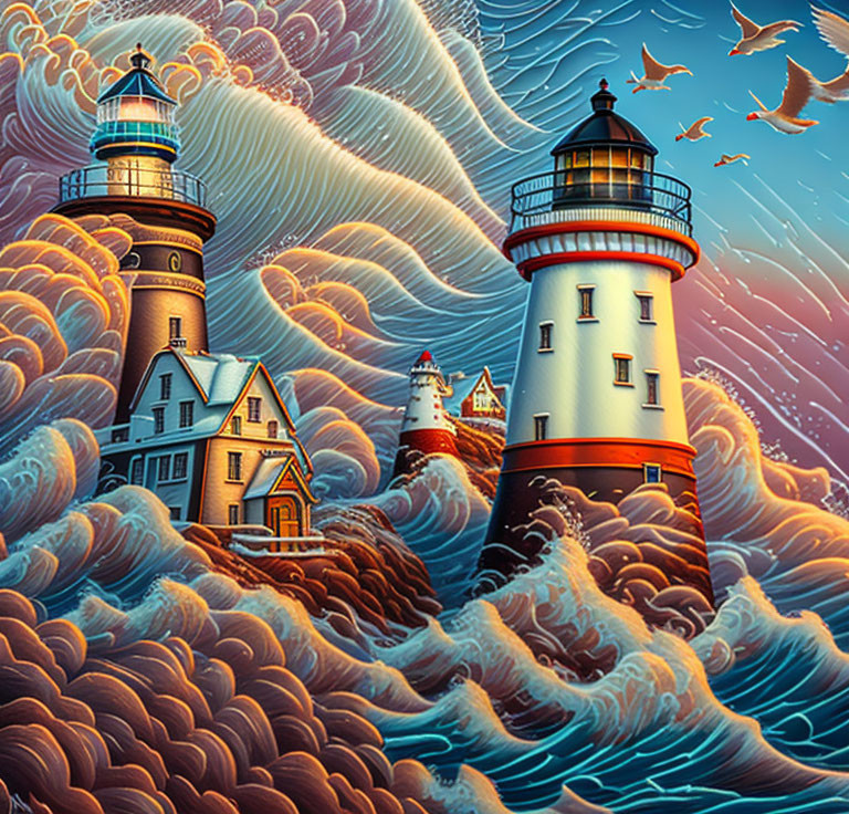 Lighthouses in swirling clouds and ocean waves under red sky