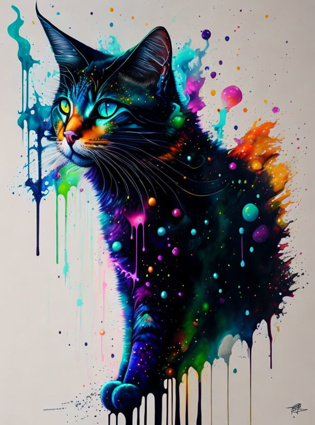 Colorful Cat Artwork with Splattered Paint Effect