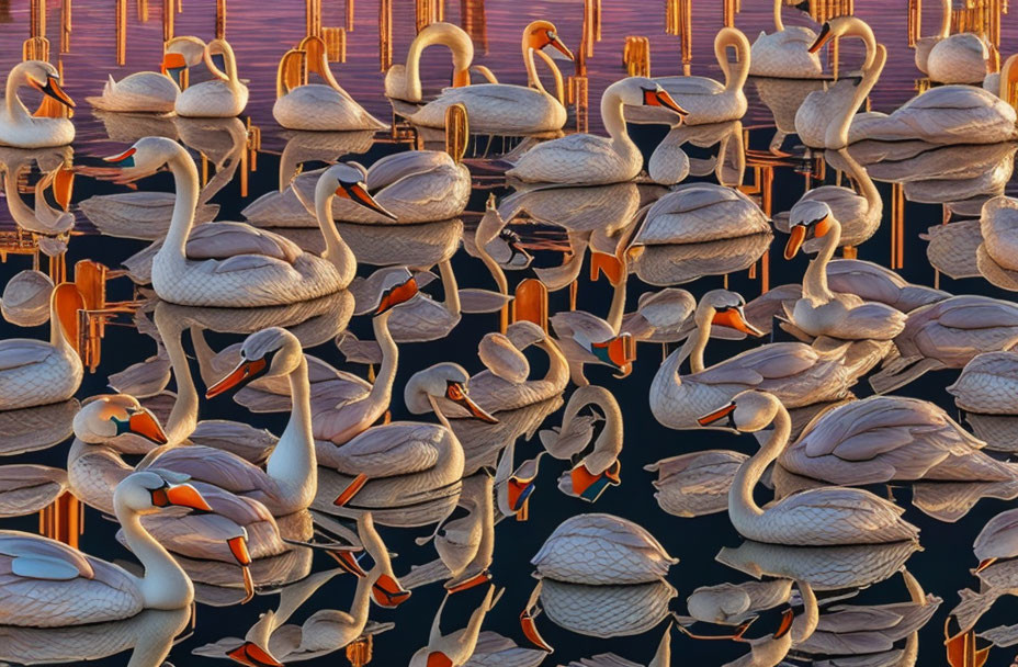 White Swans with Orange Beaks Floating on Tranquil Water at Sunset