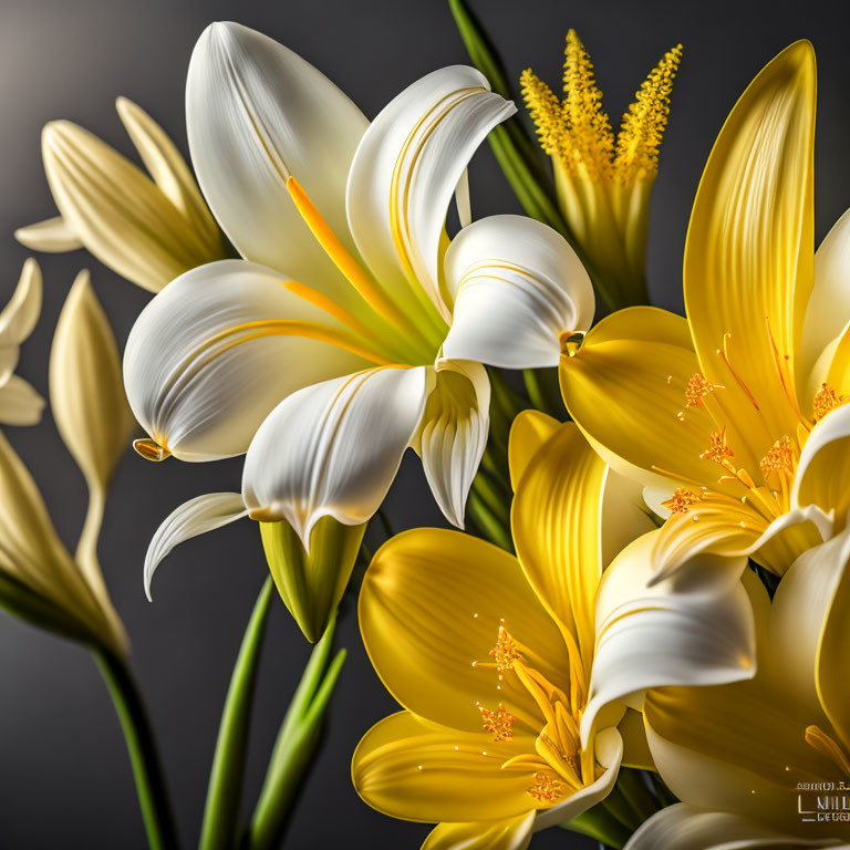 Vibrant Yellow and White Lilies with Detailed Stamens on Dark Gray Background