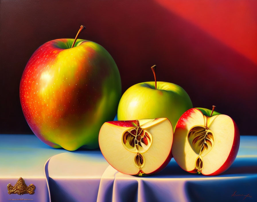 Hyper-realistic painting of three apples on draped cloth with warm light.