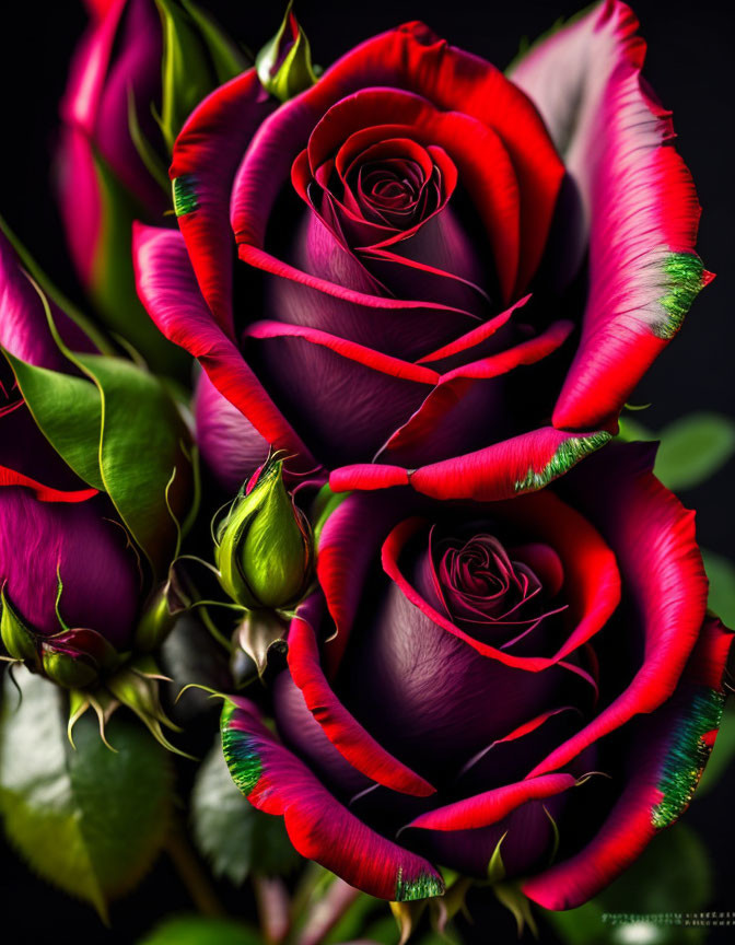 Vibrant two-toned roses with dark pink edges and red centers on dark background