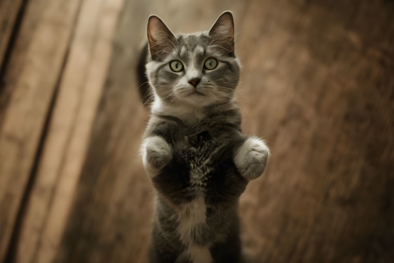 Gray and White Cat with Green Eyes Standing on Hind Legs Against Wooden Background