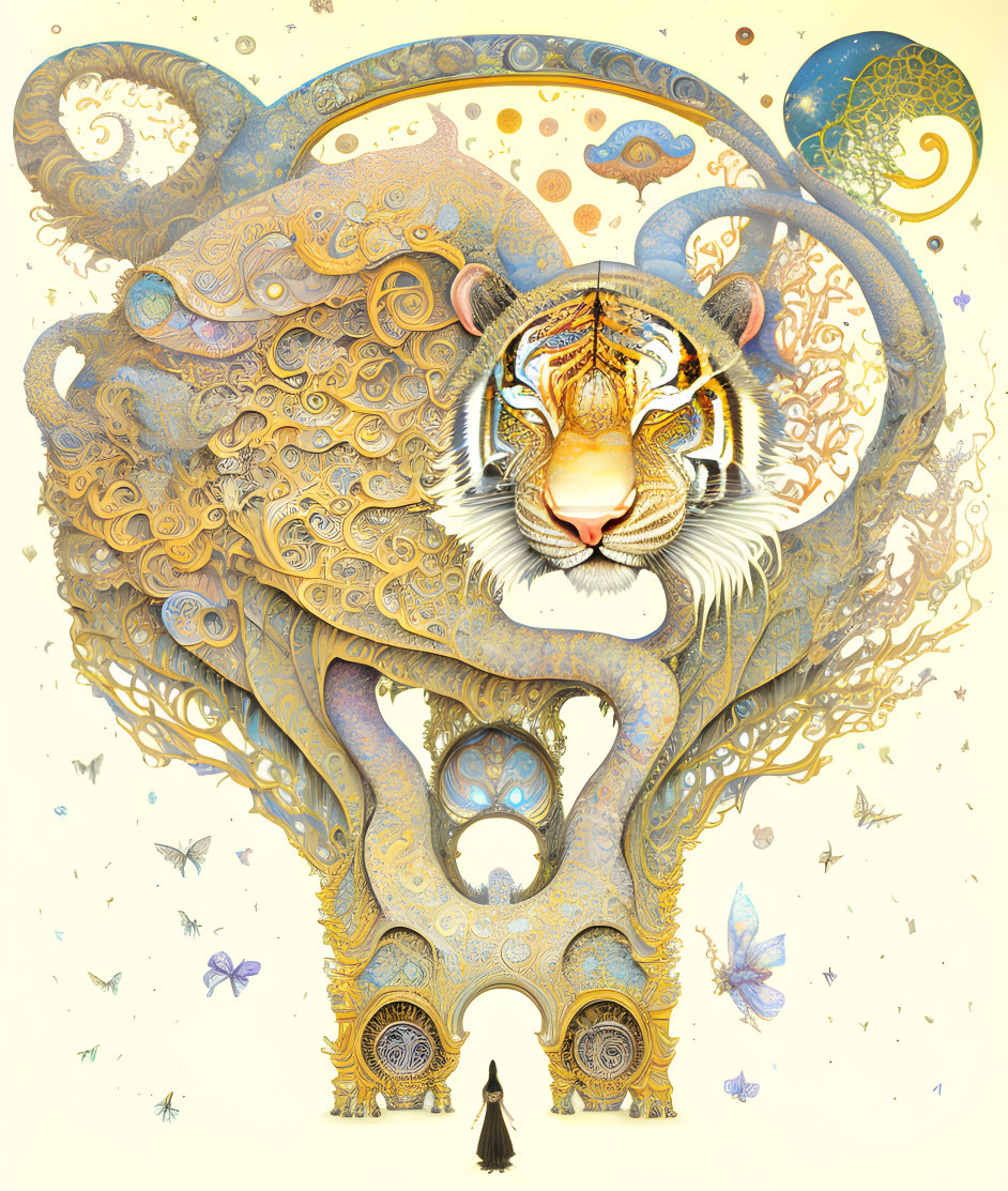 Intricate Tiger Illustration with Golden Patterns and Butterflies