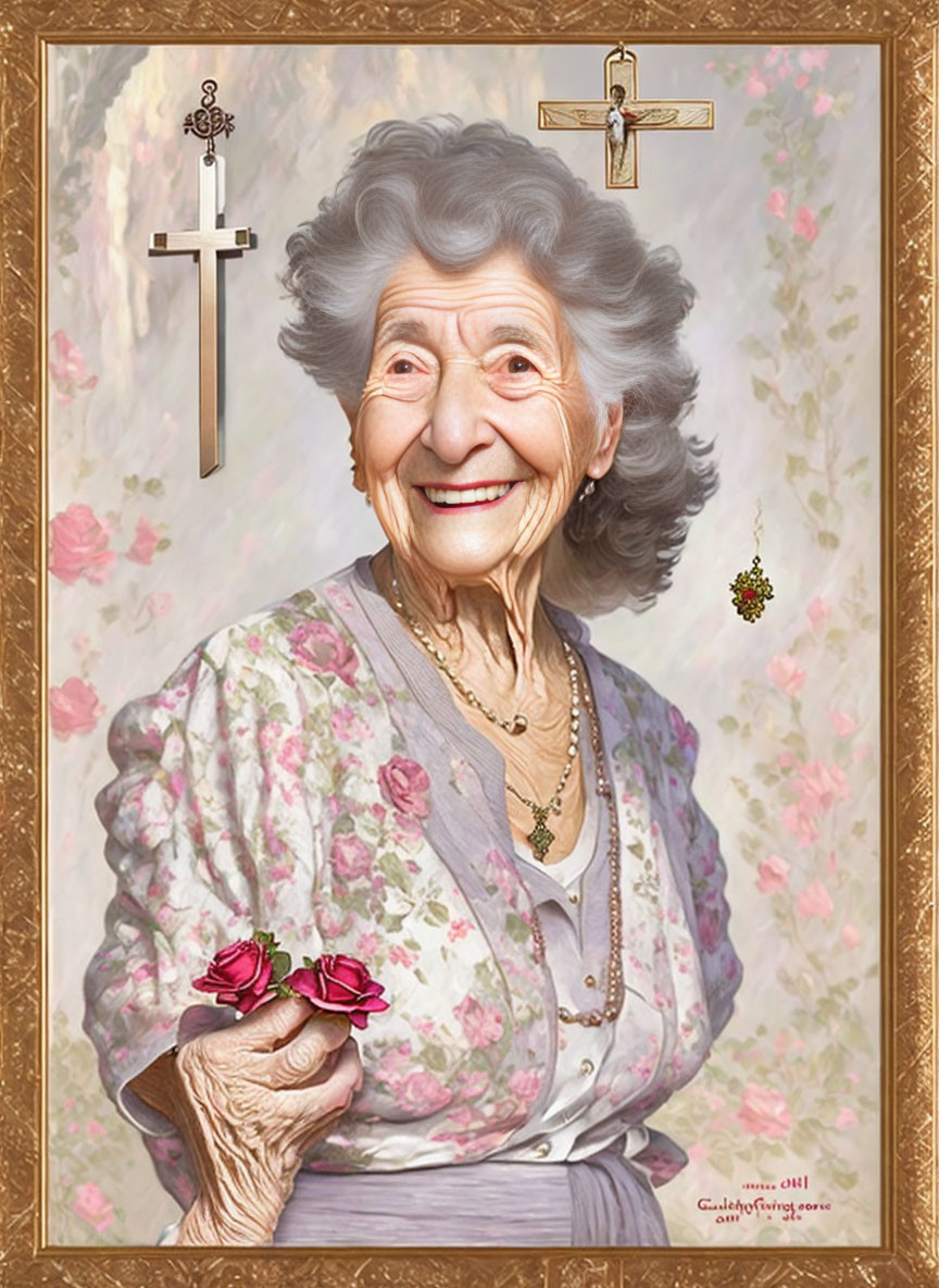 Elderly Woman Smiling in Floral Dress with Pink Roses