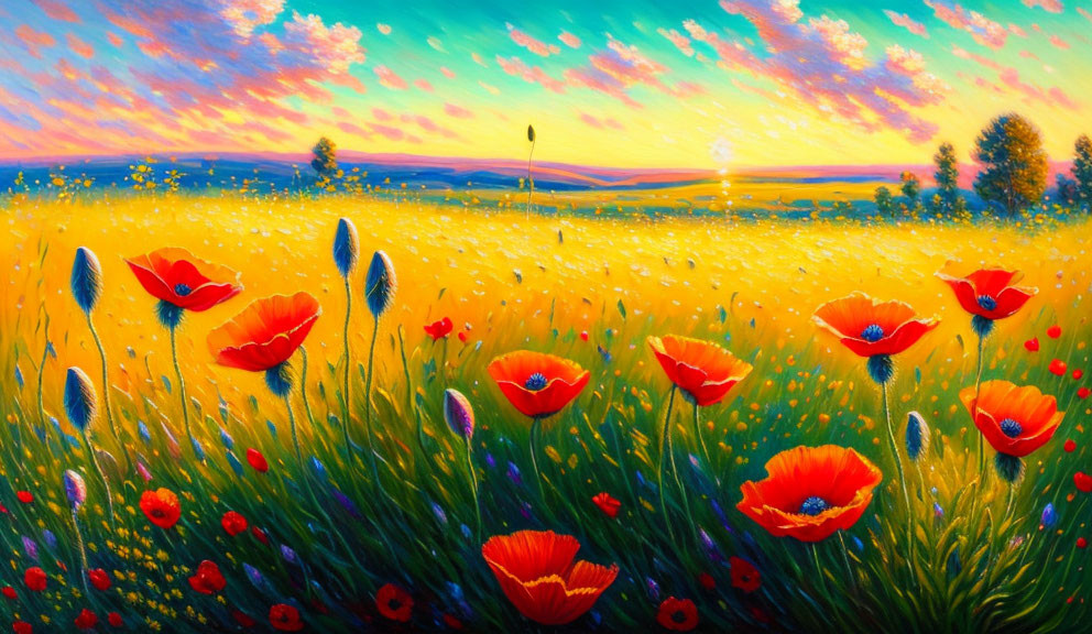 Colorful landscape painting with red poppies, green grass, and sunset sky