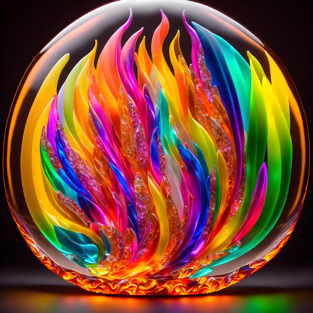 Multicolored Glass Flame Sculpture with Reflective Backdrop