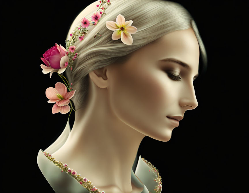 Woman with serene expression and floral hair adornment on dark background