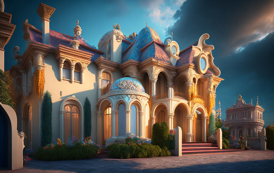 Fantasy-Style Mansion with Ornate Architecture at Dusk