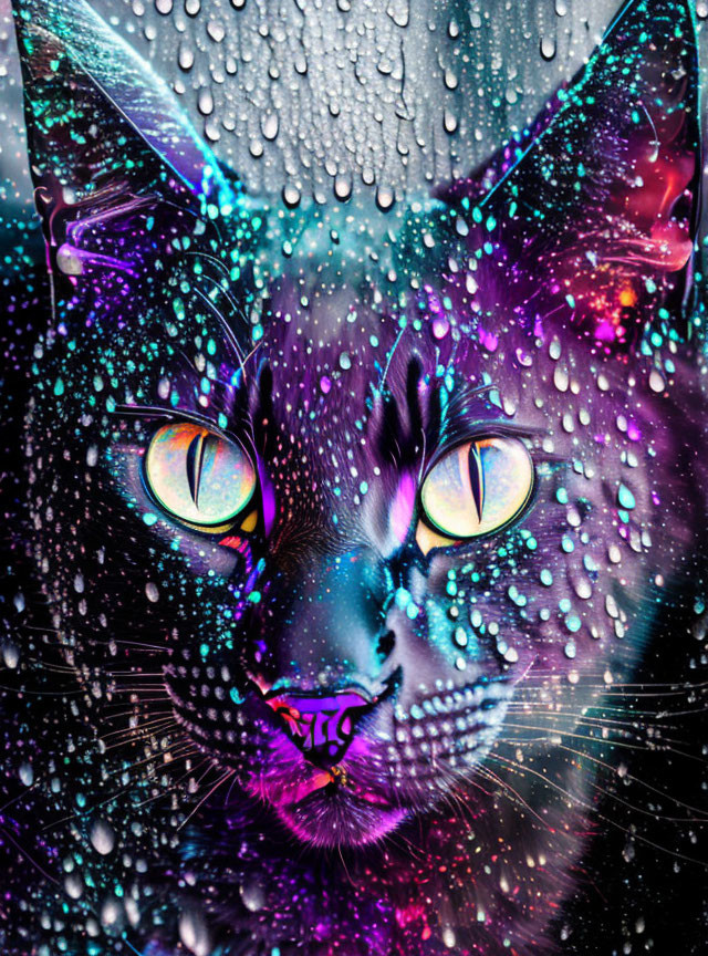 Cosmic fur cat with vibrant eyes and water droplets on dark background