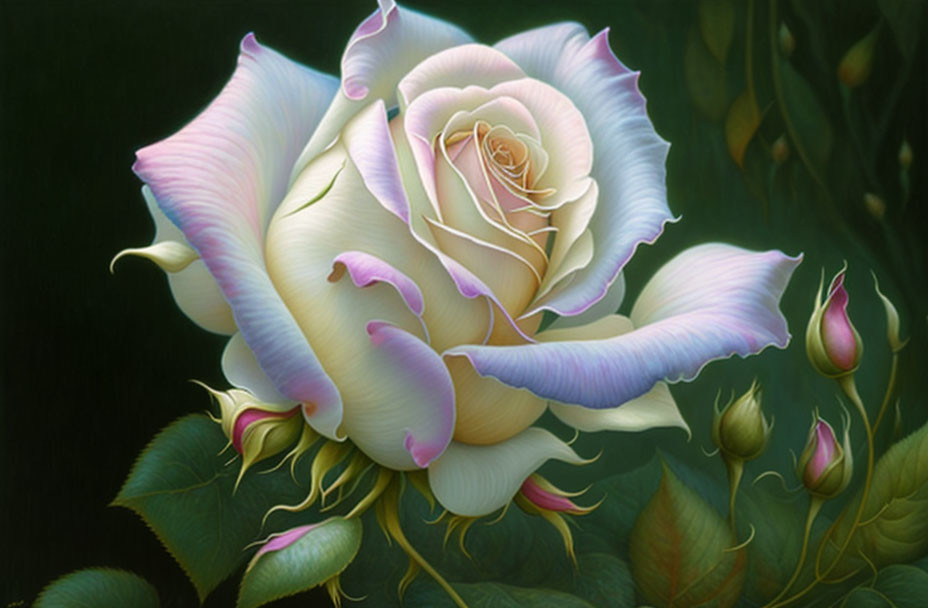 Detailed Image: White Rose with Subtle Purple Edges and Green Leaves