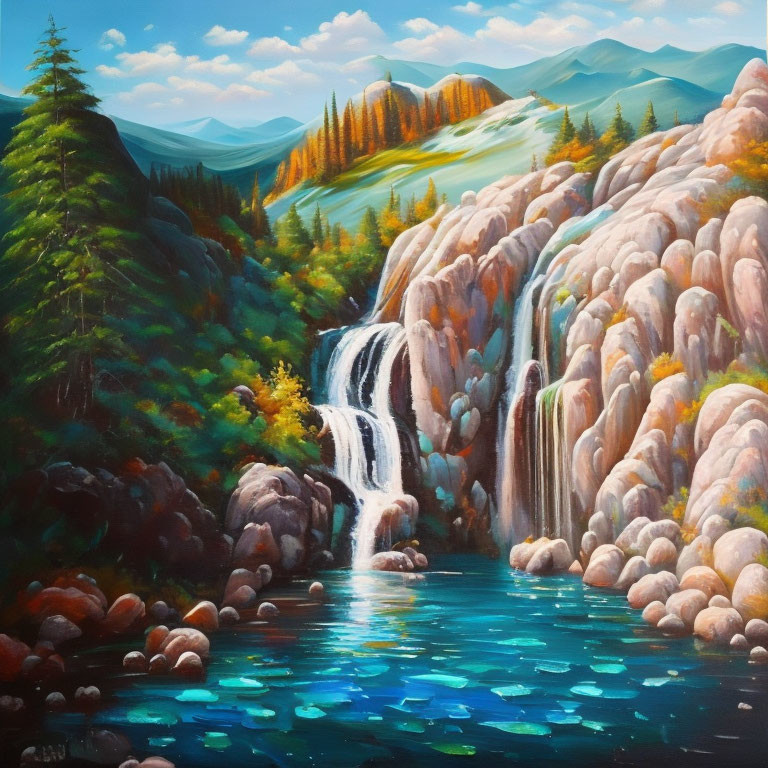 Scenic painting of waterfall cascading into blue pool surrounded by lush forests