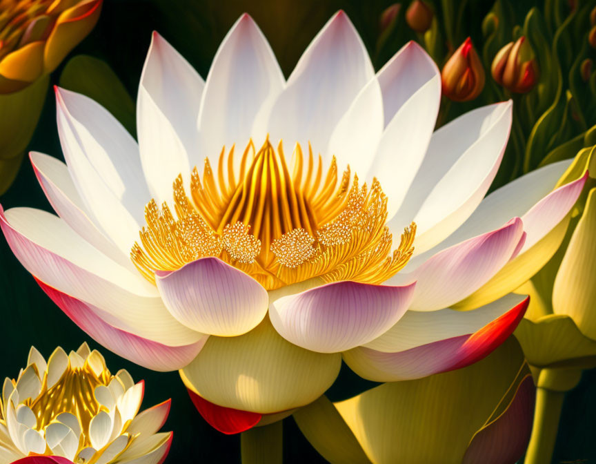 Detailed Lotus Flower Illustration with White and Pink Petals