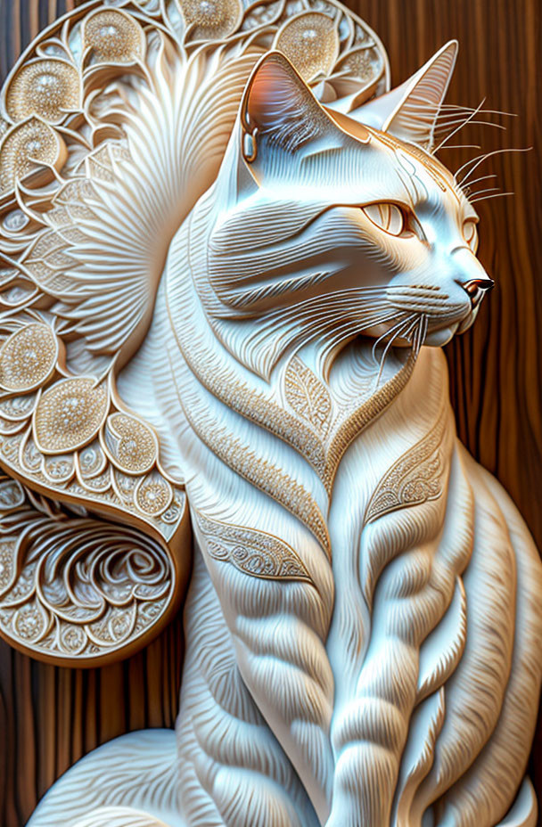 Stylized cat art with intricate patterns on dark wood background