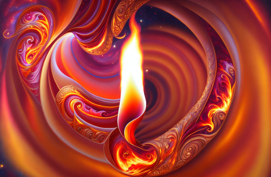 Abstract digital art: Vibrant orange and red flame-like swirls on starry background