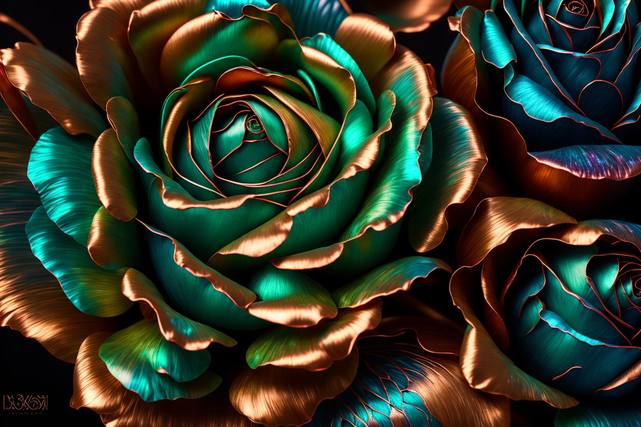 Vibrant Metallic-Hued Roses on Dark Background