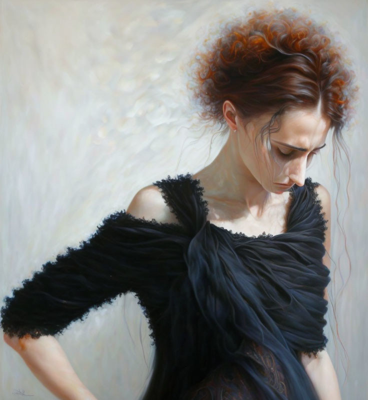 Portrait of Woman with Auburn Hair in Black Feathery Dress