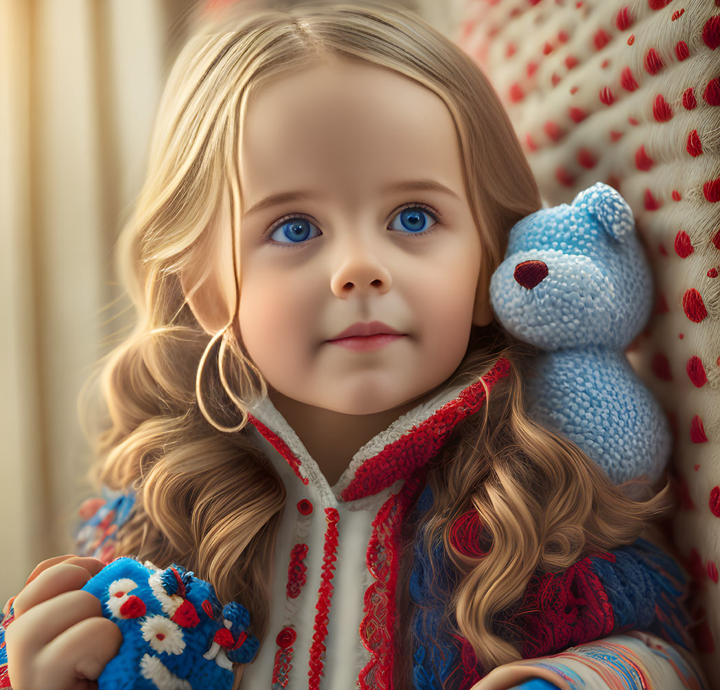 Child with Blue Eyes Holding Teddy Bear in Colorful Outfit