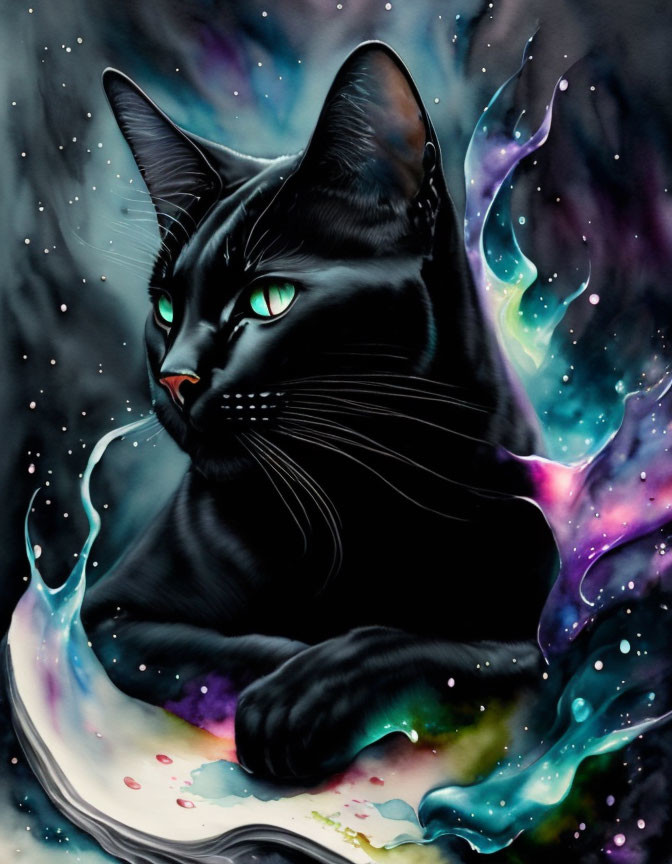 Black cat with green eyes on cosmic background with nebulas and stars