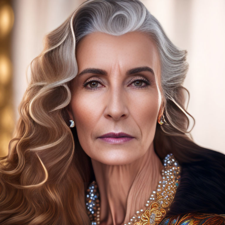 Stylish older woman with long wavy hair and elegant attire.