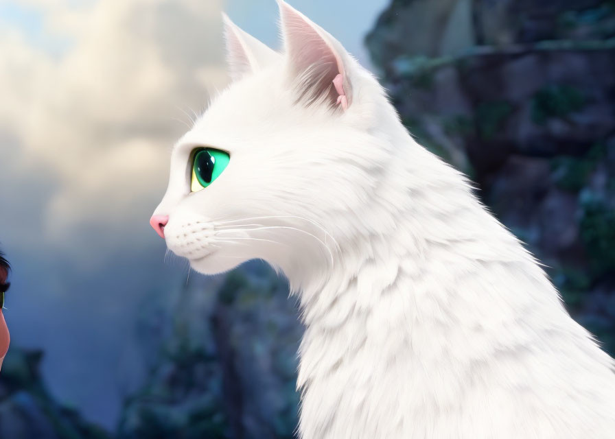 White animated cat with vivid green eyes against cliff and sky background