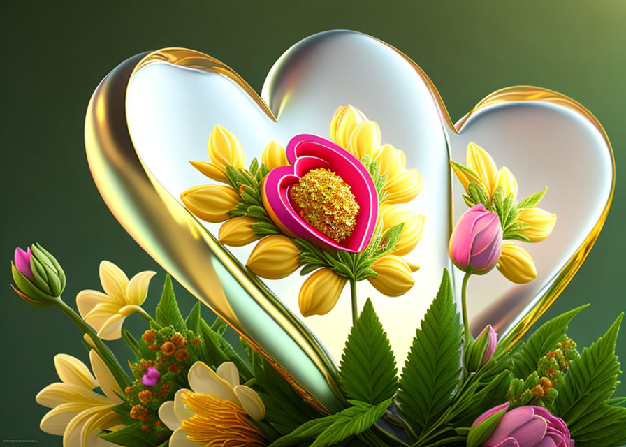 Digital artwork of ornate heart with golden edges and lush flowers, featuring a red flower.