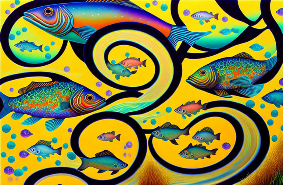 Vibrant psychedelic fish art with swirling patterns on gradient background