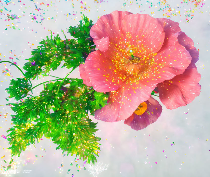 Pink poppy bloom against light background with confetti swirls