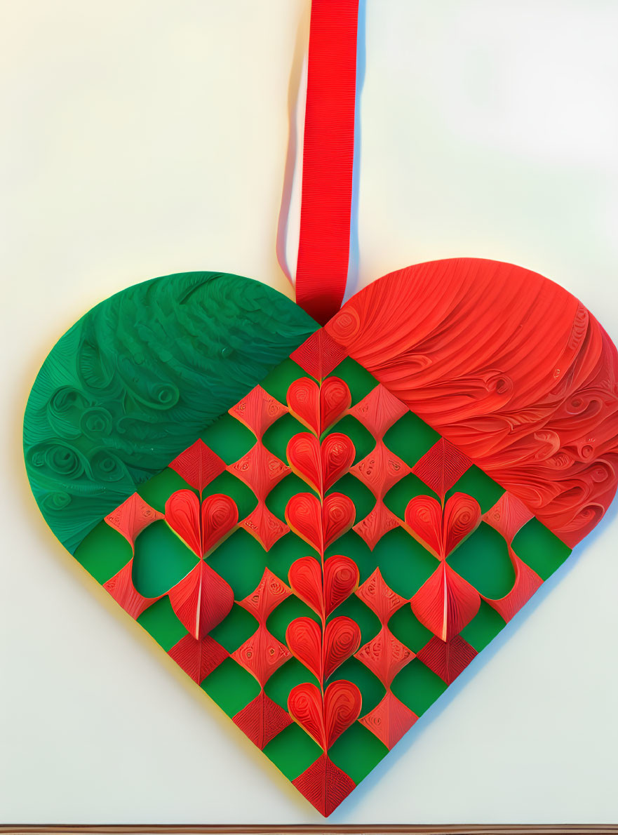 Colorful Heart-Shaped Artwork with Red and Green Paper Quilling Designs