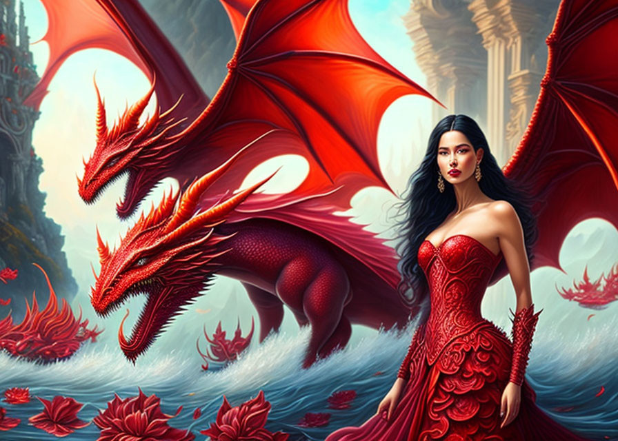 Woman in red dress with red dragon in fantastical landscape.