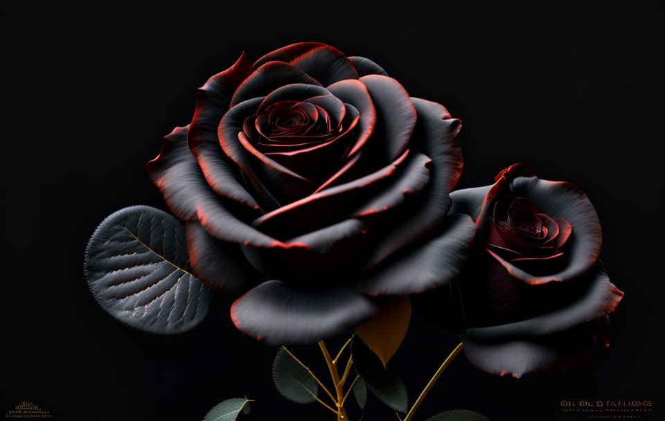 Dark roses with subtle red edges on petals against black background