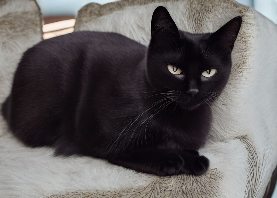 Black Cat with Yellow Eyes Lounging on Beige Cushion