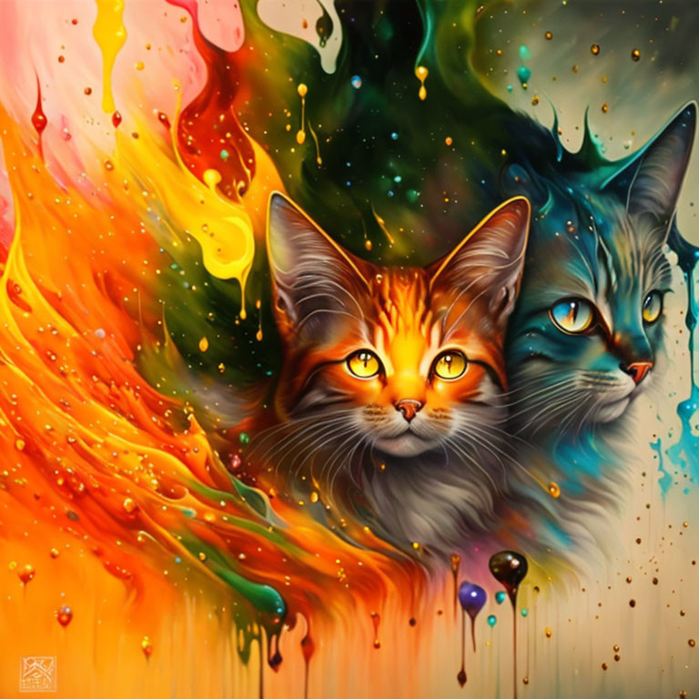 Colorful Abstract Art: Vibrant Cats in Bright Swirls