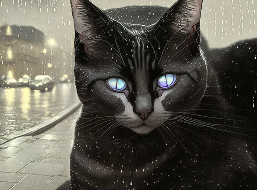 Black Cat with Blue Eyes on Rainy City Street at Night